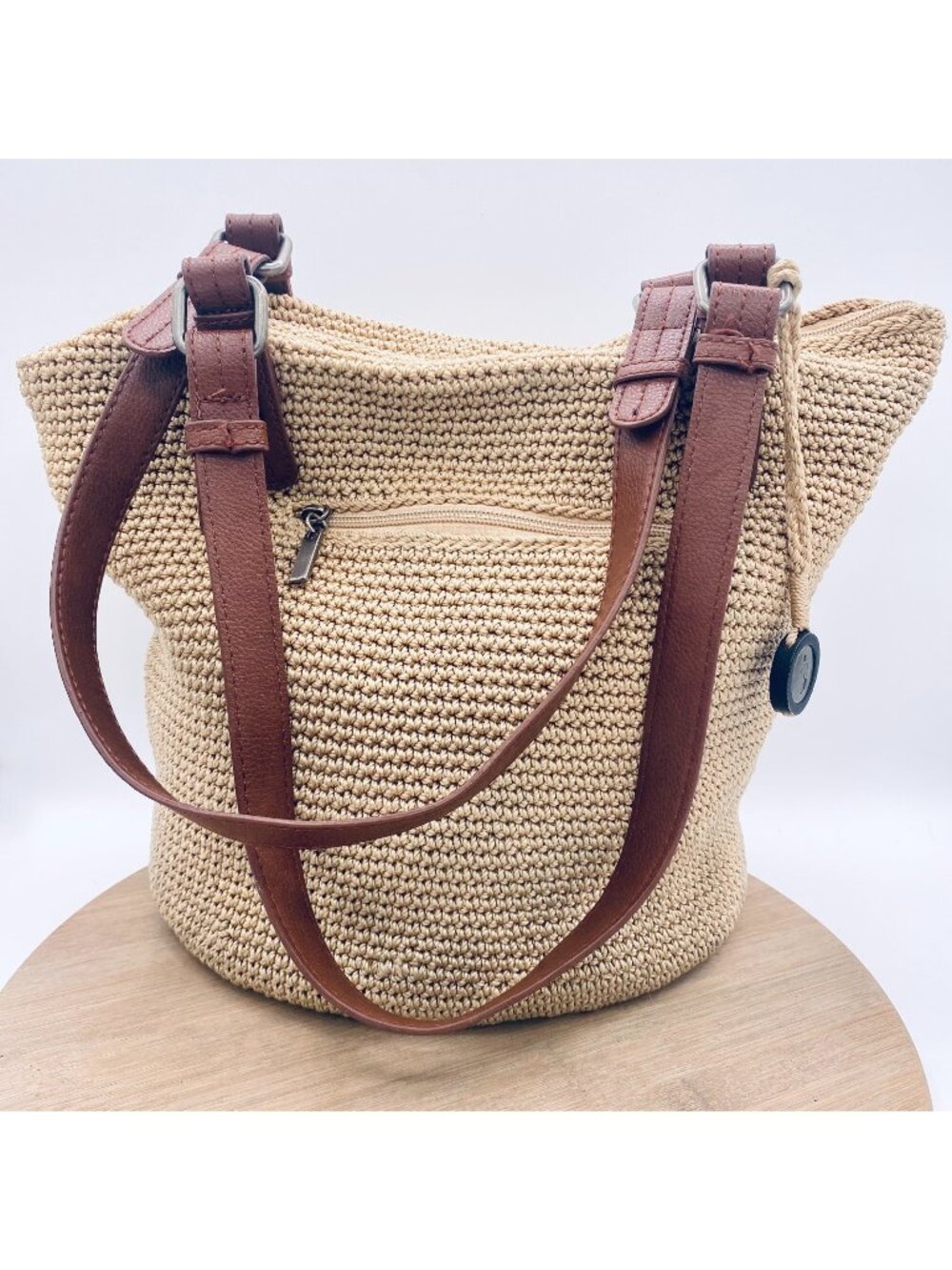 The Sak Crochet Handbag Beige Woven Shoulder Bag Double Strap Tote X-Large